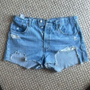 Levi's 501 Blue Distressed shark bite Jean Shorts 33